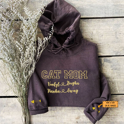 Custom Cat Mom with Names Embroidered Hoodie