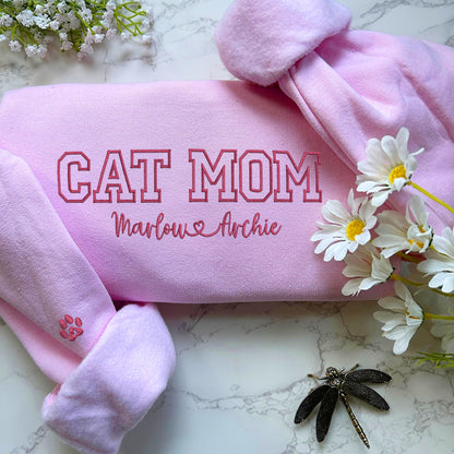 Custom Cat Mom with Names Embroidered Hoodie