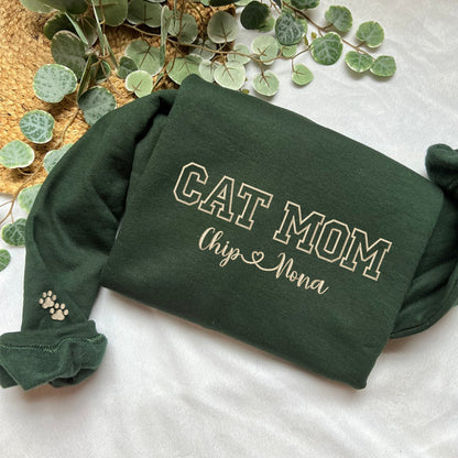 Custom Cat Mom with Names Embroidered Hoodie