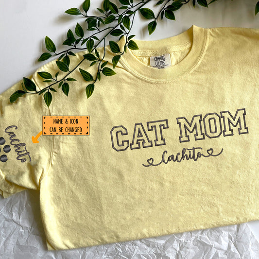 Custom Cat Mom with Names Embroidered T-Shirt