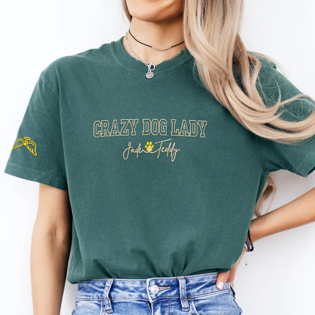 Custom Crazy Dog Lady With Names Embroidered T-Shirt