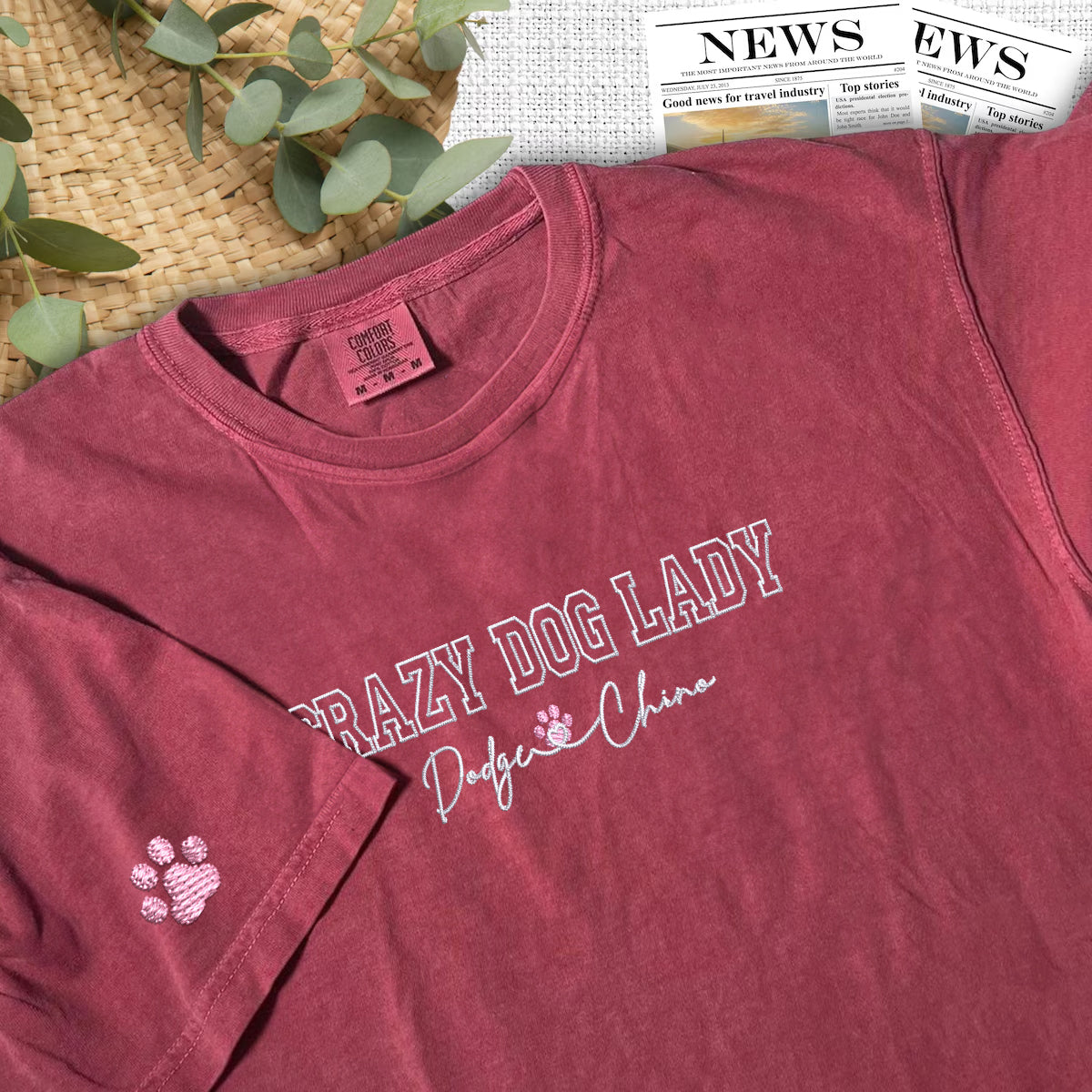 Custom Crazy Dog Lady With Names Embroidered T-Shirt