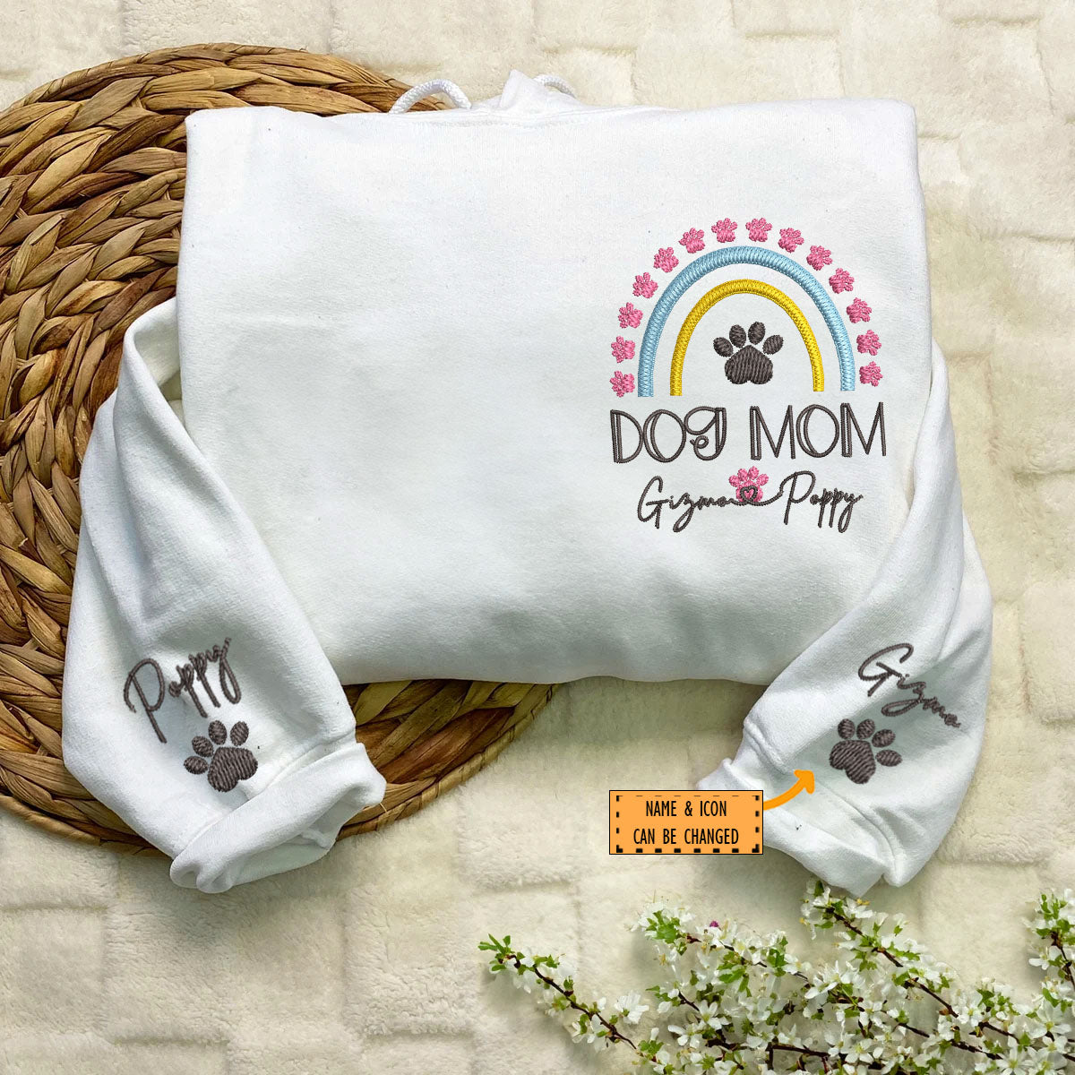 Custom Dog Mom Rainbow With Names Embroidered Hoodie