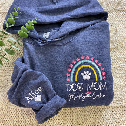 Custom Dog Mom Rainbow With Names Embroidered Hoodie