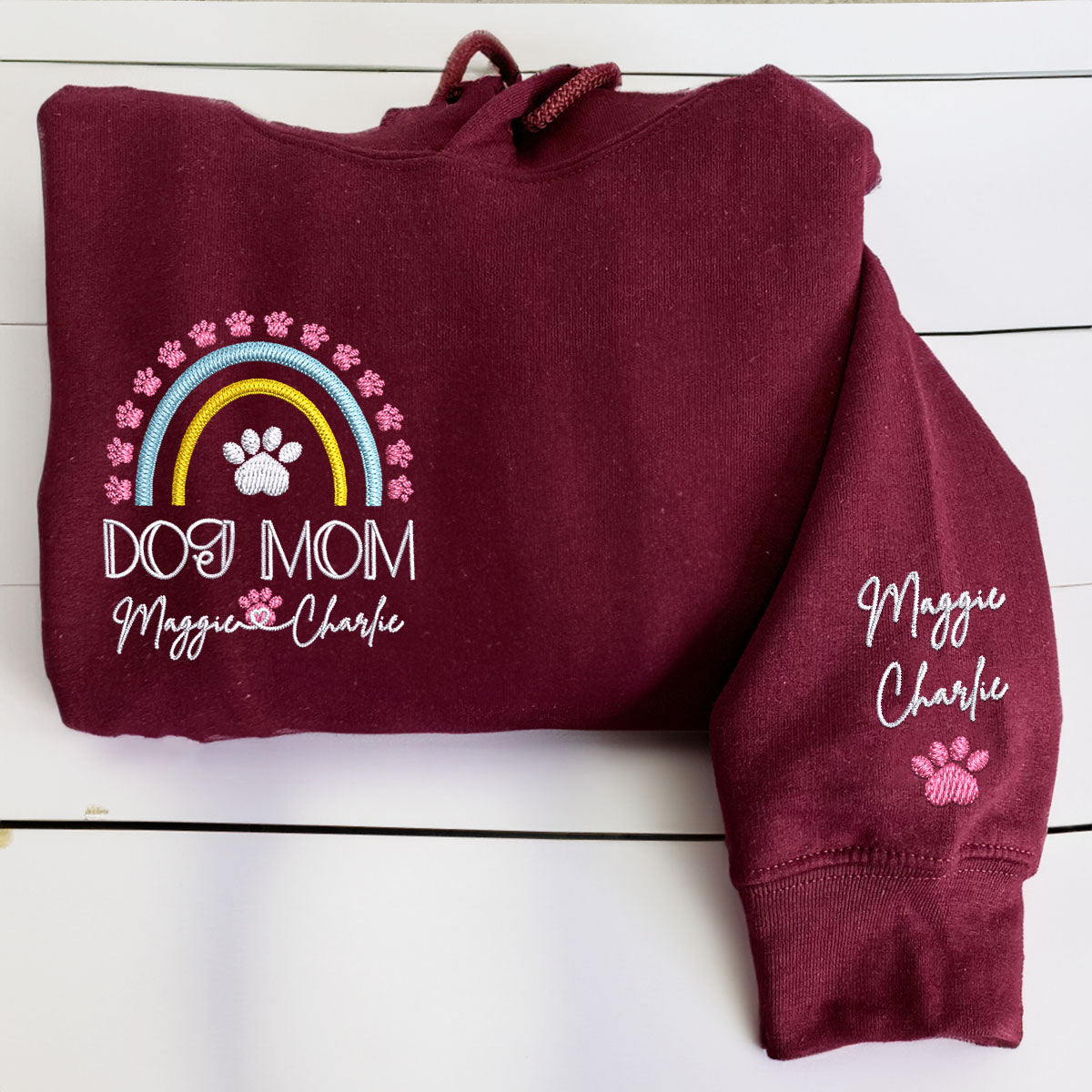 Custom Dog Mom Rainbow With Names Embroidered Hoodie