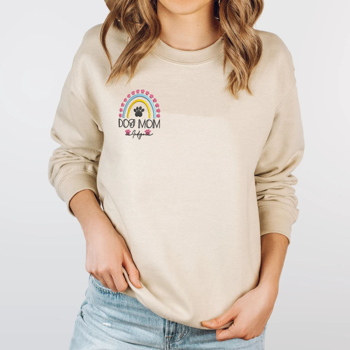 Custom Dog Mom Rainbow With Names Embroidered Sweatshirt