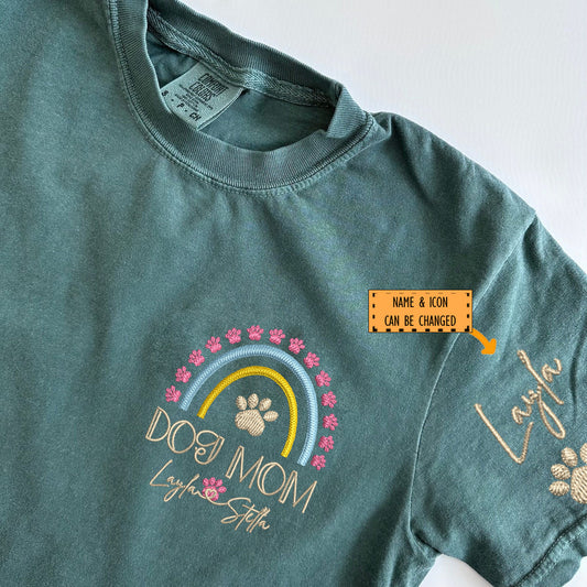 Custom Dog Mom Rainbow With Names Embroidered T-Shirt