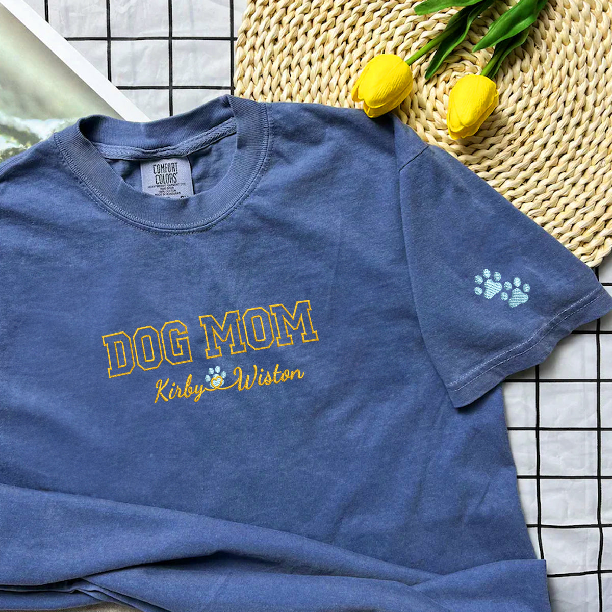 Custom Dog Mom with Names Embroidered T-Shirt