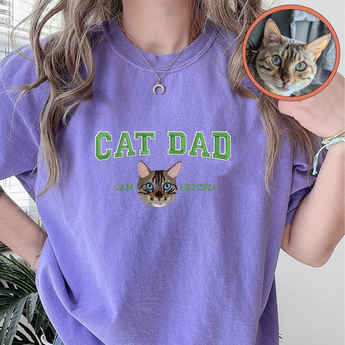 Custom Full-Color Varsity Cat Dad Embroidered T-Shirt