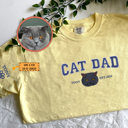 Custom Full-Color Varsity Cat Dad Embroidered T-Shirt