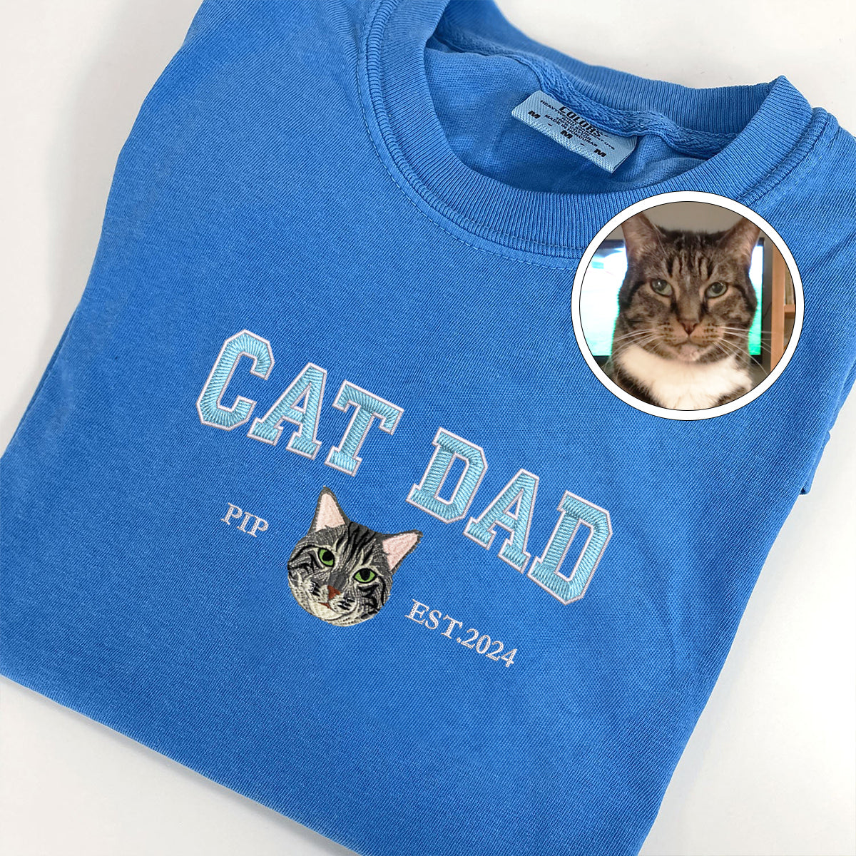 Custom Full-Color Varsity Cat Dad Embroidered T-Shirt