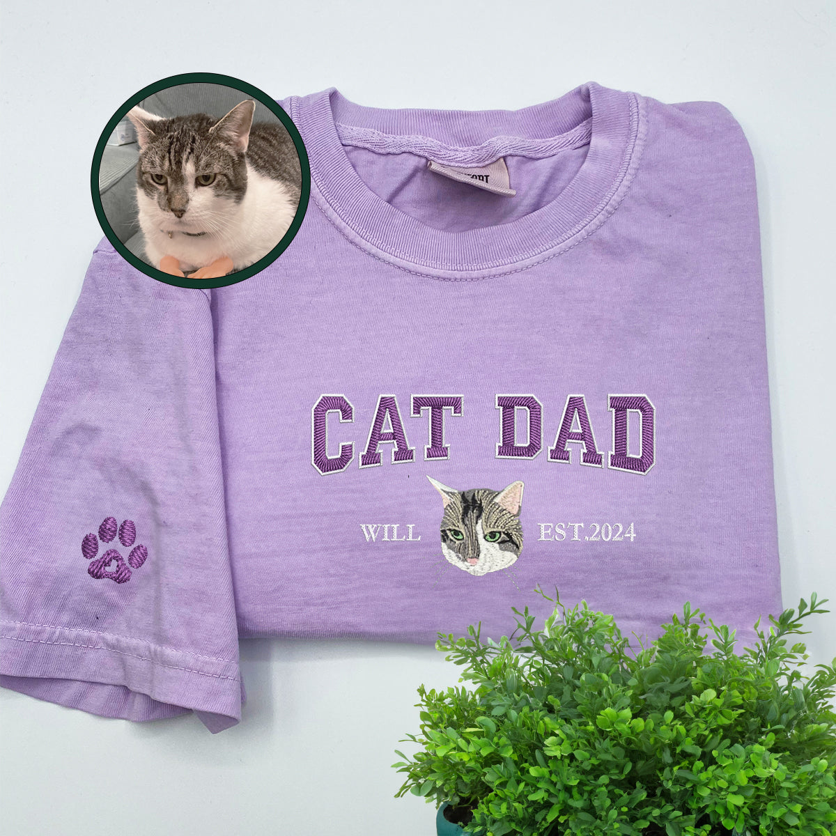 Custom Full-Color Varsity Cat Dad Embroidered T-Shirt