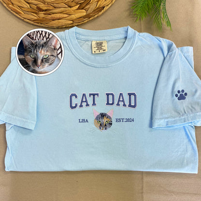 Custom Full-Color Varsity Cat Dad Embroidered T-Shirt