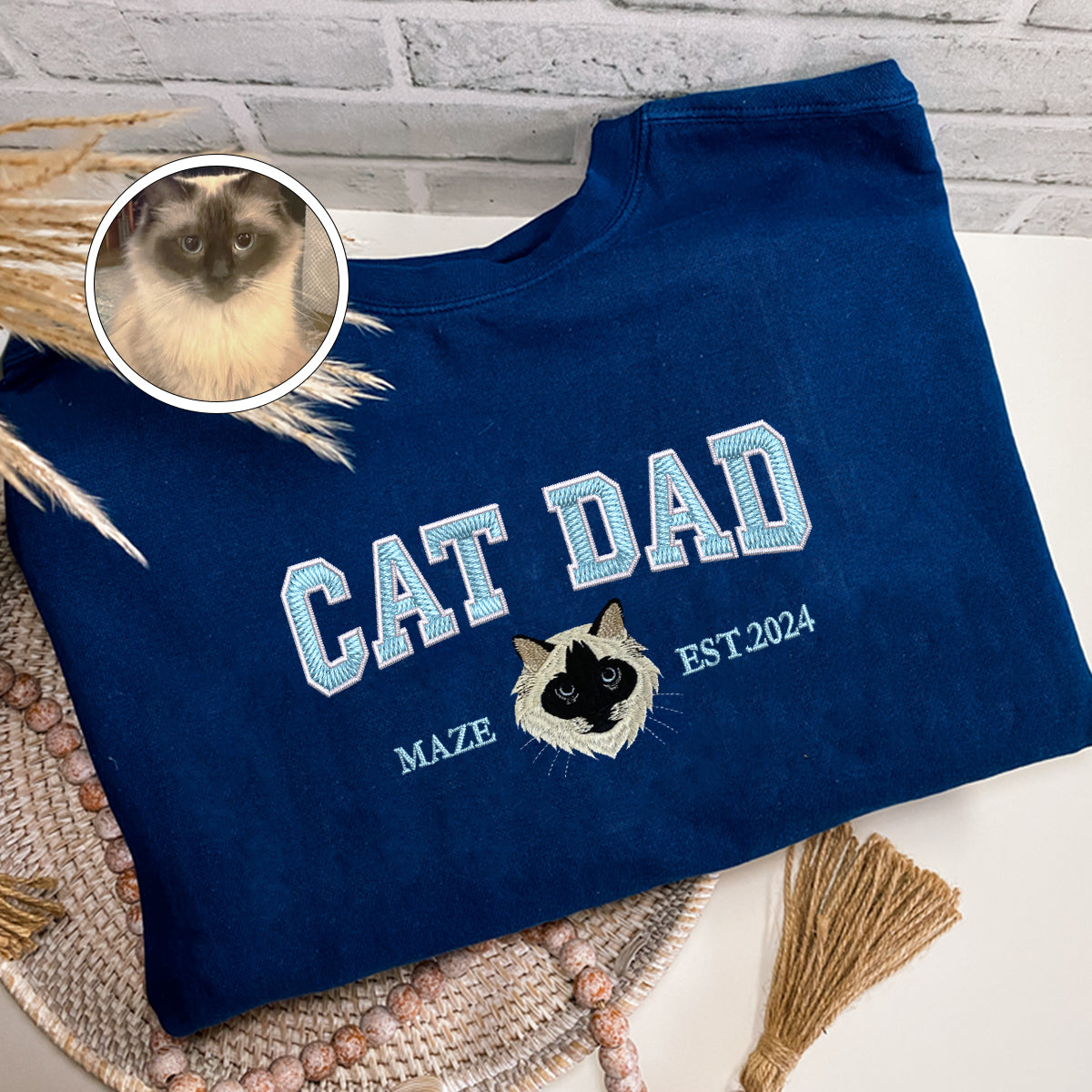 Custom Full-Color Varsity Cat Dad Embroidered T-Shirt