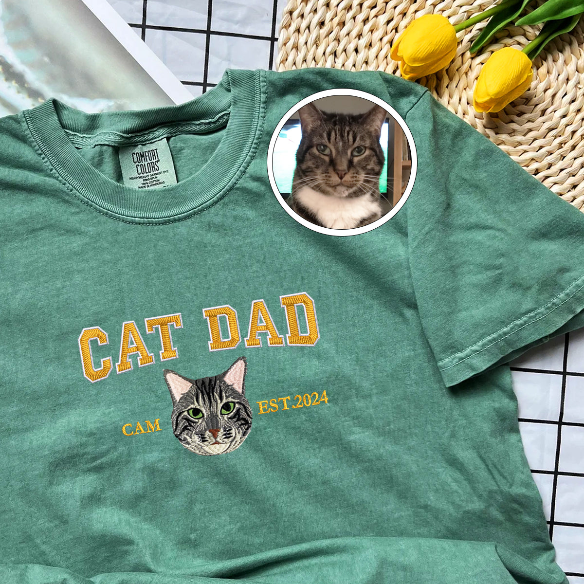 Custom Full-Color Varsity Cat Dad Embroidered T-Shirt