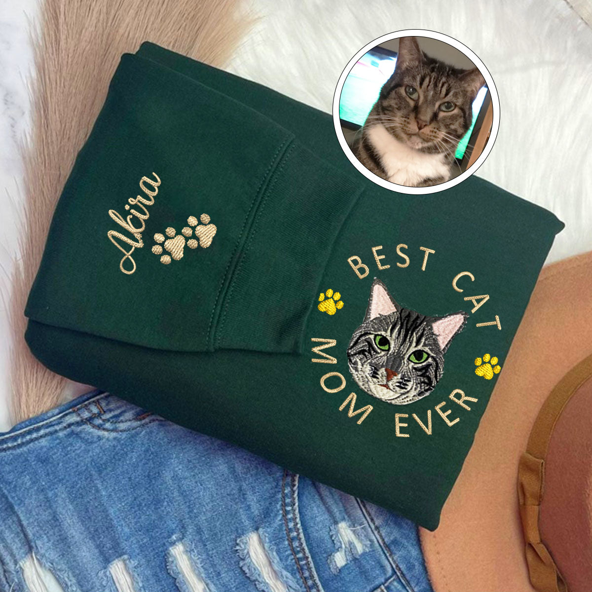 Custom Full-Color Best Cat Mom Ever Embroidered Hoodie