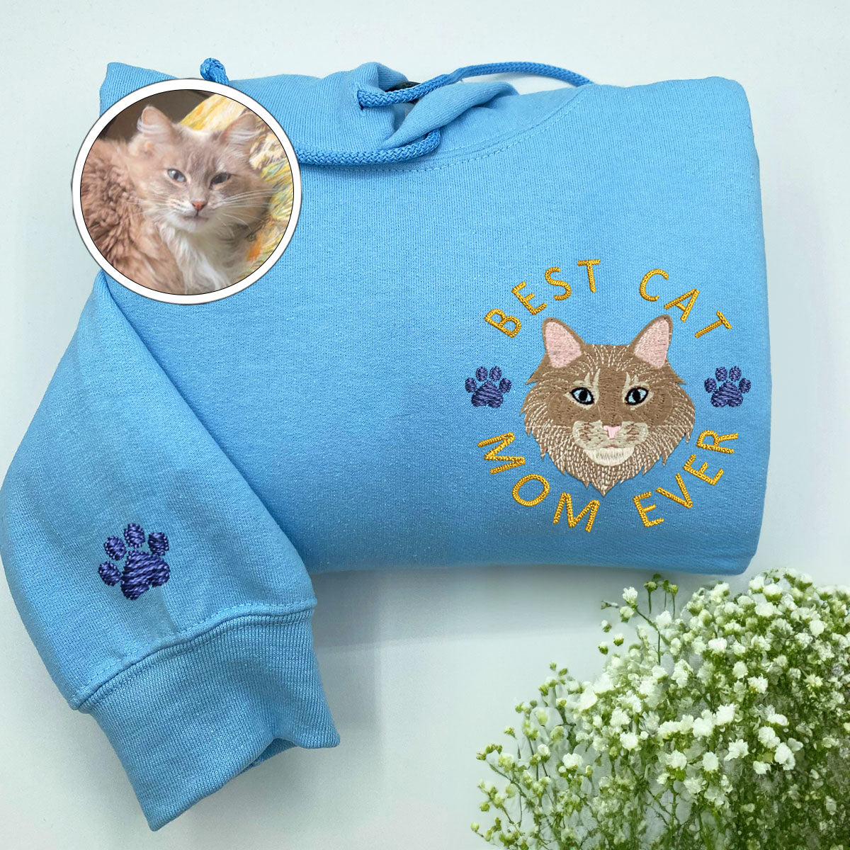 Custom Full-Color Best Cat Mom Ever Embroidered Hoodie