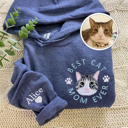 Custom Full-Color Best Cat Mom Ever Embroidered Hoodie