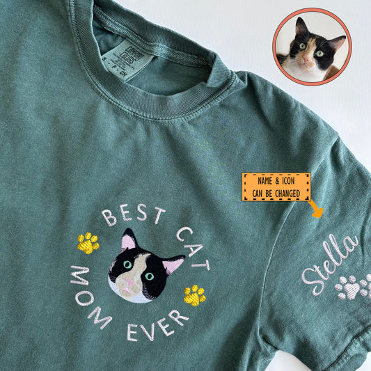 Custom Full-Color Best Cat Mom Ever Embroidered T-Shirt