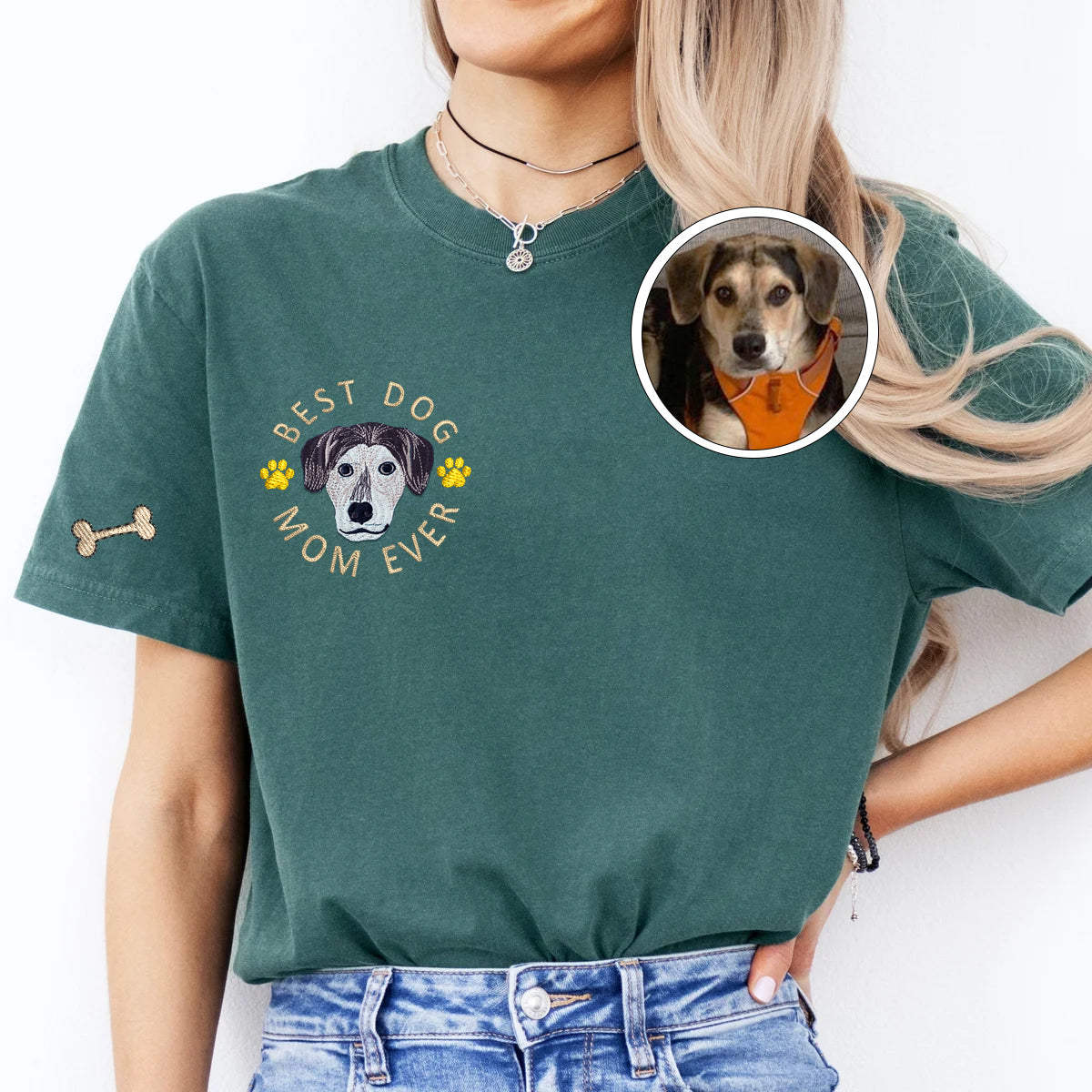 Custom Full-Color Best Dog Mom Ever Embroidered T-Shirt