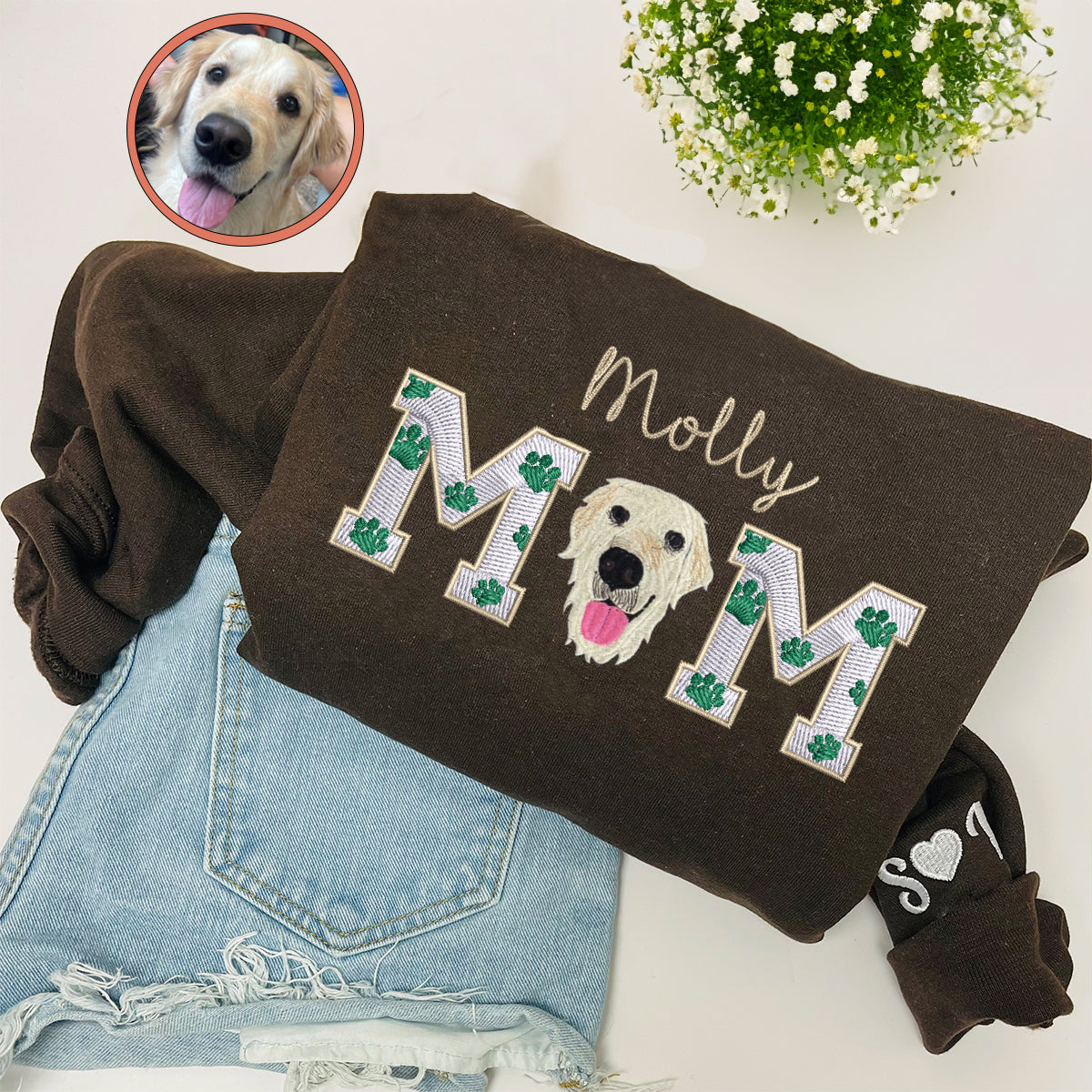 Custom Full-Color Dog Mom With Name Embroidered Sweatshirt