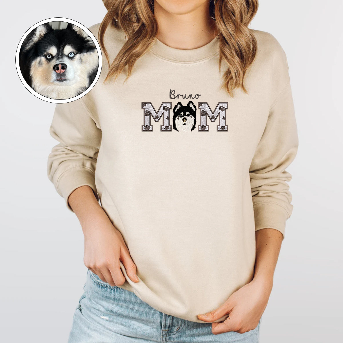 Custom Full-Color Dog Mom With Name Embroidered Sweatshirt