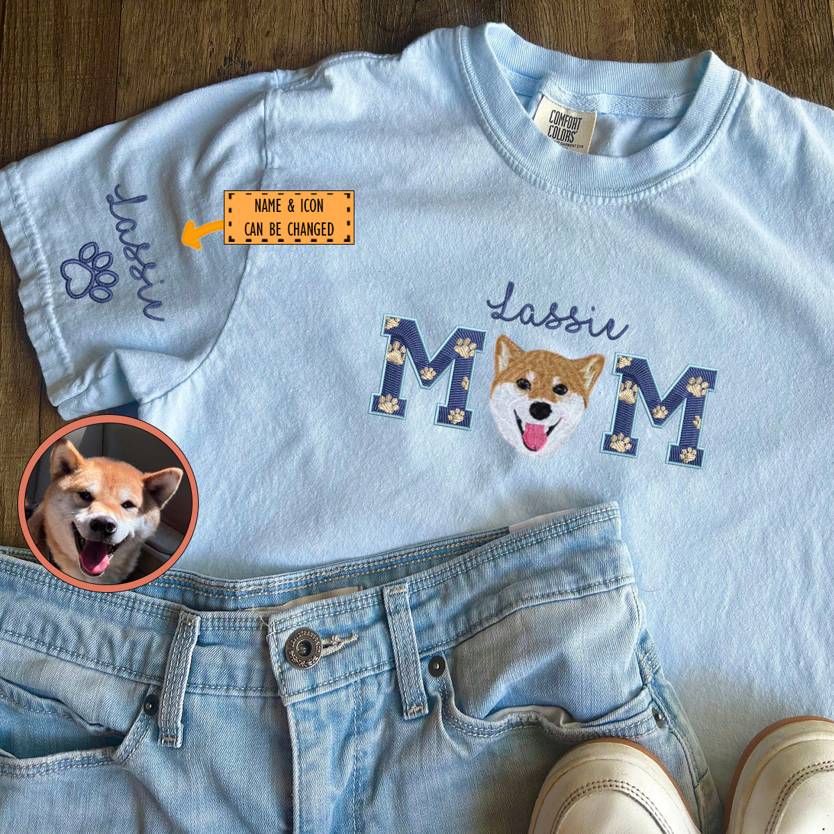 Custom Full-Color Dog Mom With Name Embroidered T-Shirt