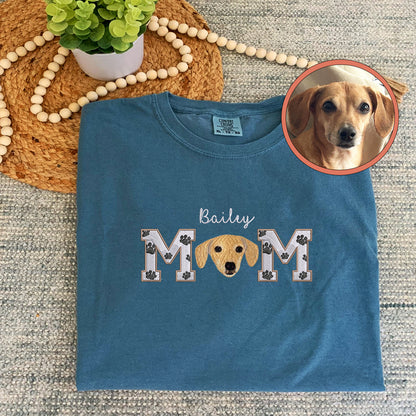 Custom Full-Color Dog Mom With Name Embroidered T-Shirt