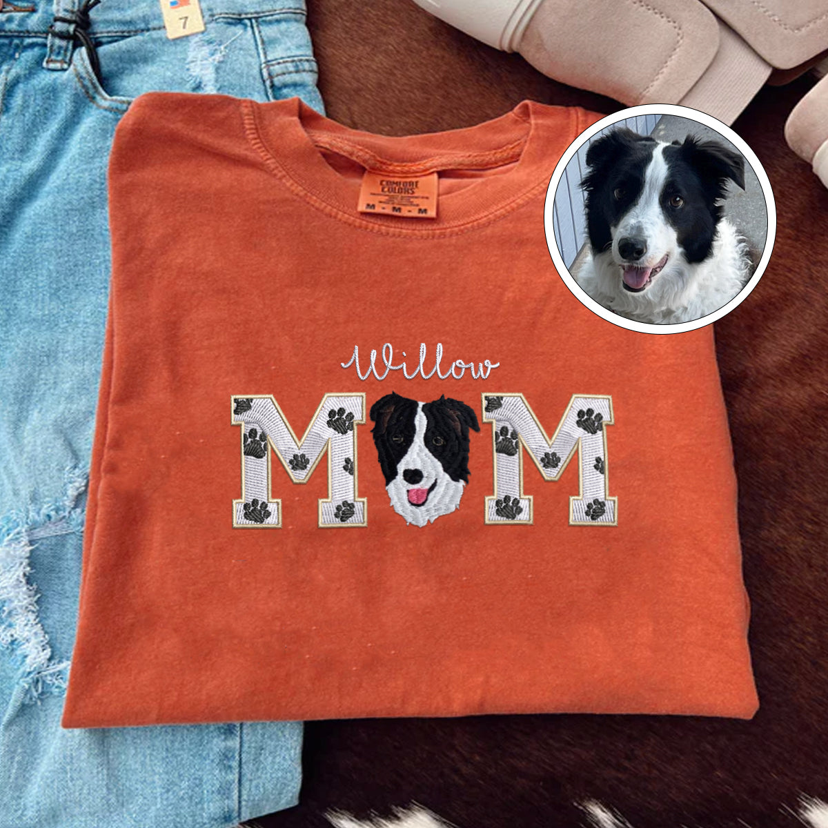 Custom Full-Color Dog Mom With Name Embroidered T-Shirt