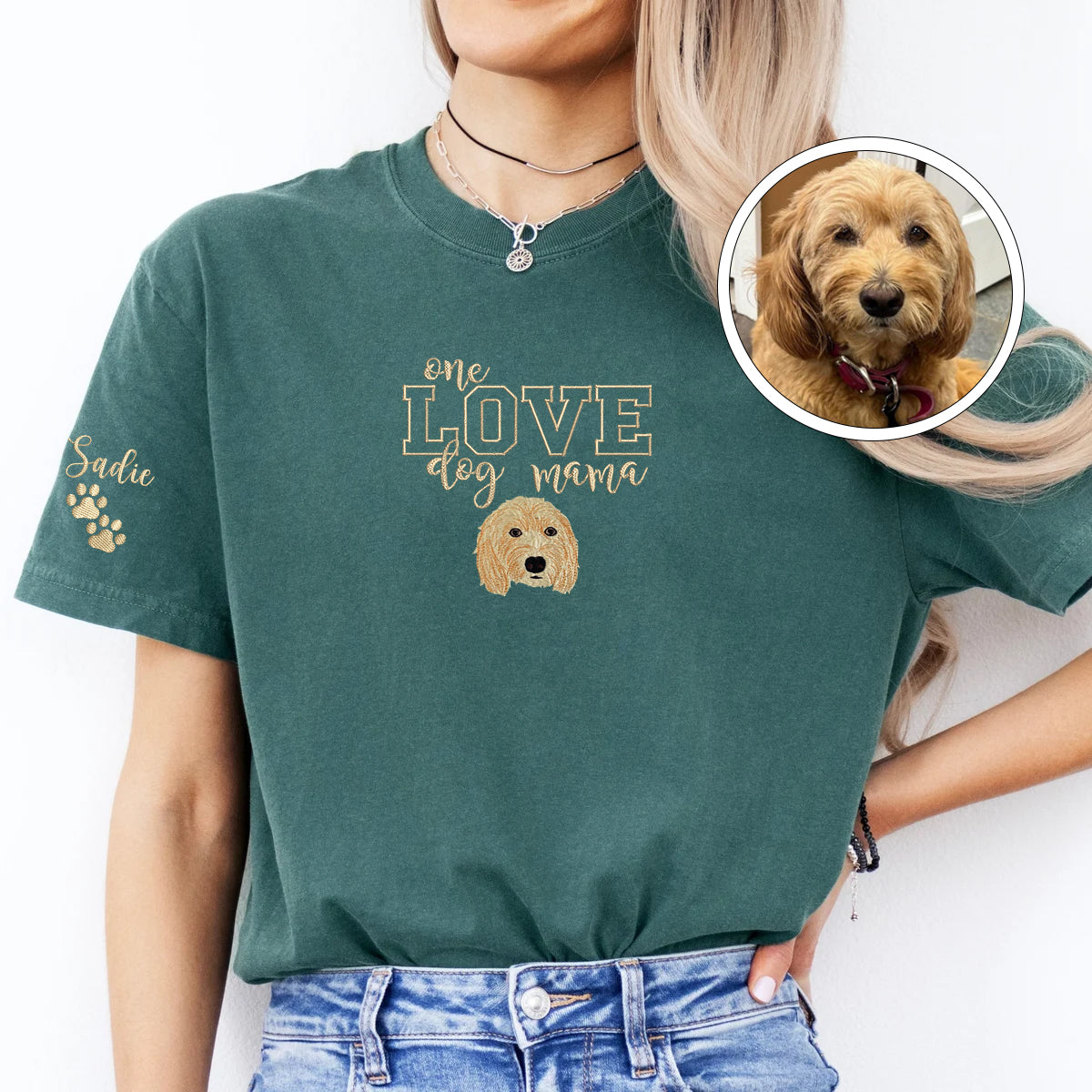 Custom Full-Color One Love Dog Mama Embroidered T-Shirt