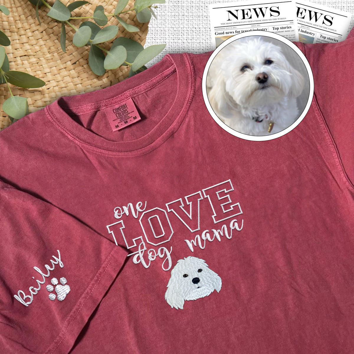 Custom Full-Color One Love Dog Mama Embroidered T-Shirt