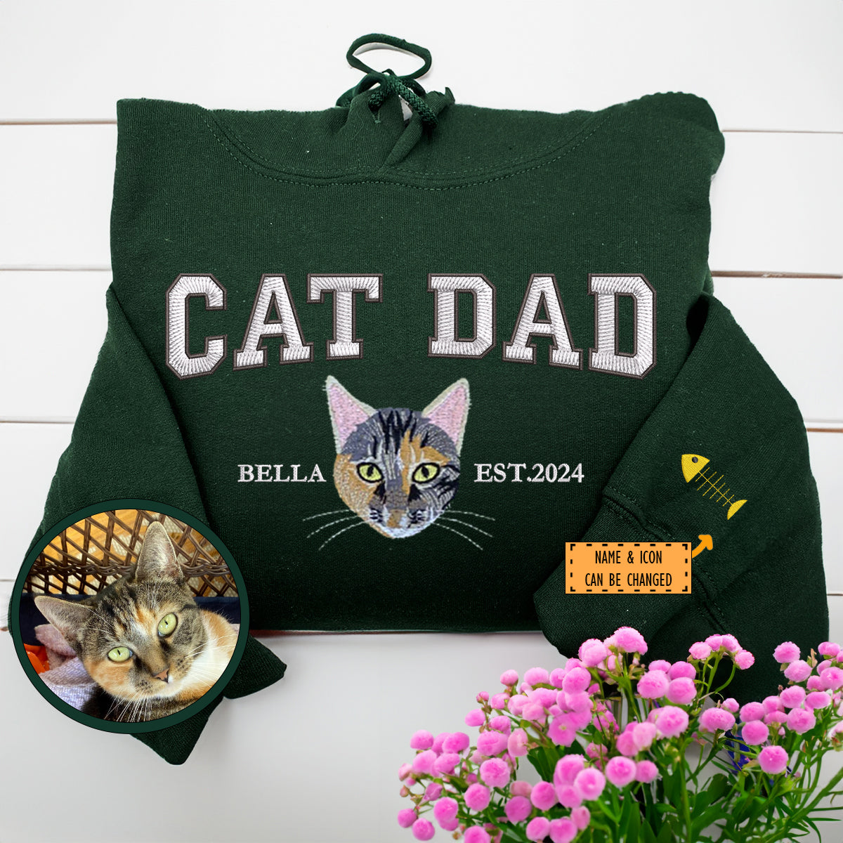 Custom Full-Color Varsity Cat Dad Embroidered Hoodie