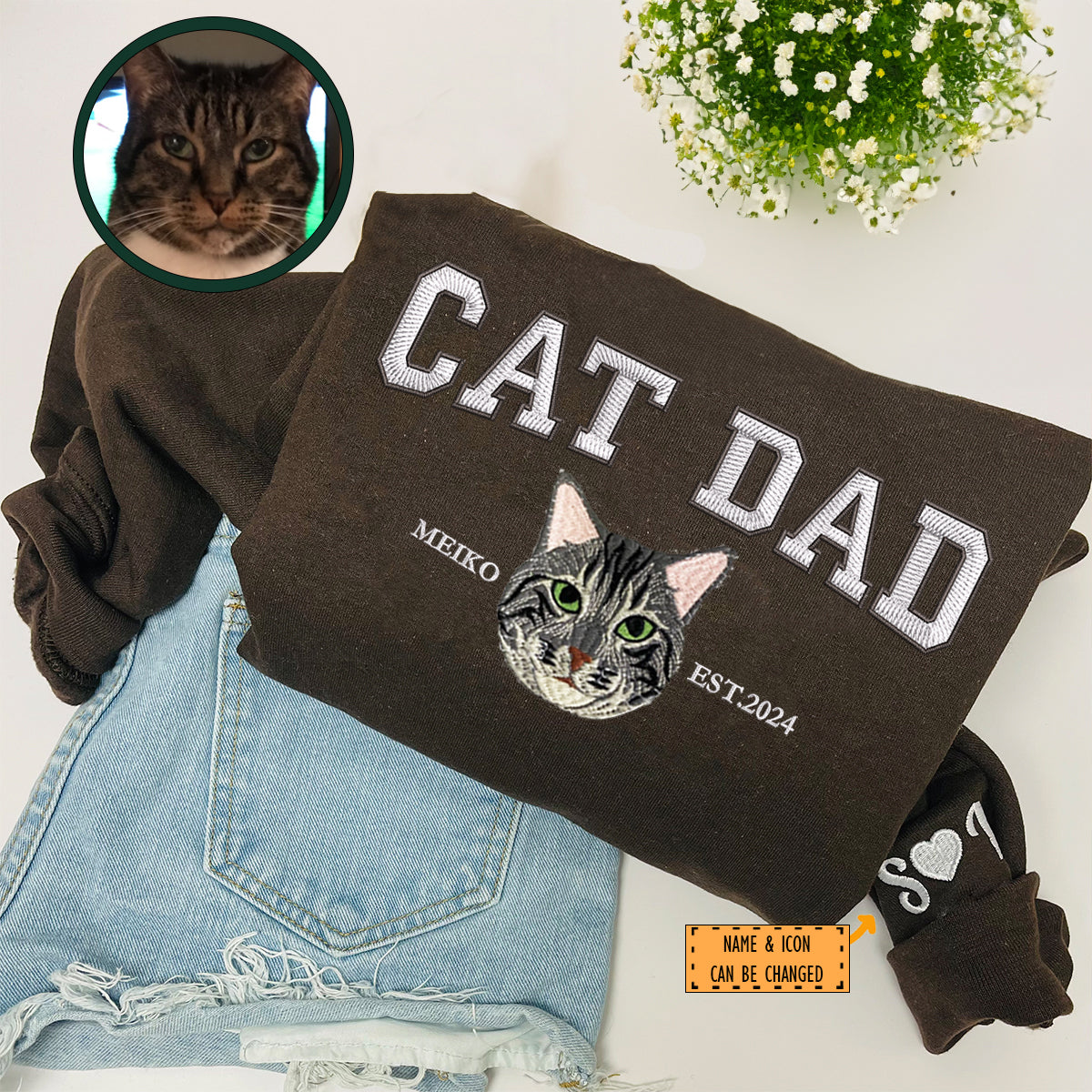 Custom Full-Color Varsity Cat Dad Embroidered Sweatshirt