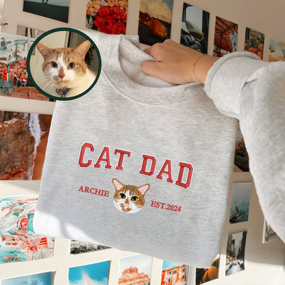 Custom Full-Color Varsity Cat Dad Embroidered Sweatshirt