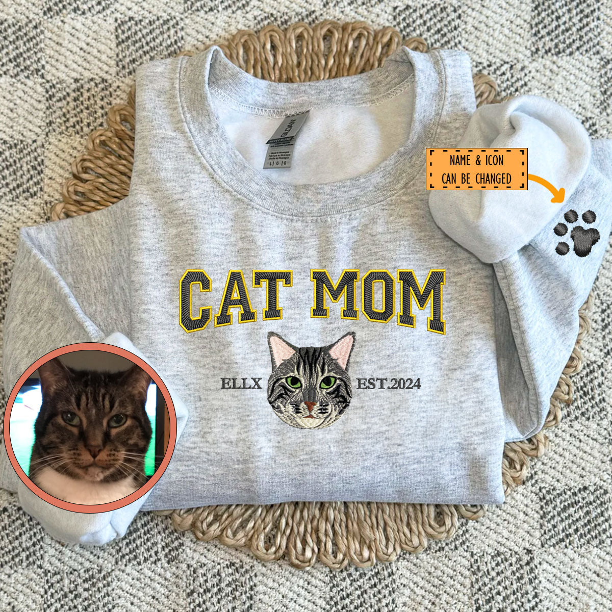 Custom Full-Color Varsity Cat Mom Embroidered Sweatshirt