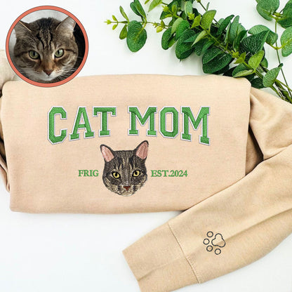 Custom Full-Color Varsity Cat Mom Embroidered Sweatshirt