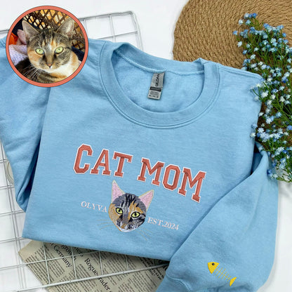 Custom Full-Color Varsity Cat Mom Embroidered Sweatshirt