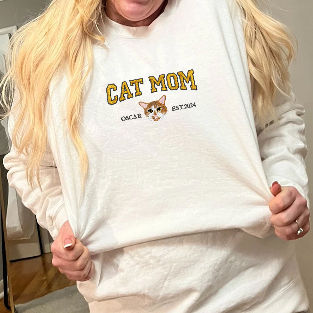 Custom Full-Color Varsity Cat Mom Embroidered Sweatshirt