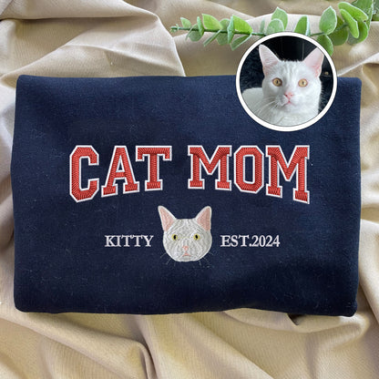 Custom Full-Color Varsity Cat Mom Embroidered Sweatshirt