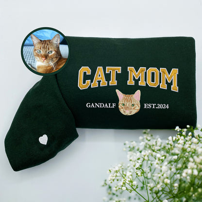 Custom Full-Color Varsity Cat Mom Embroidered Sweatshirt