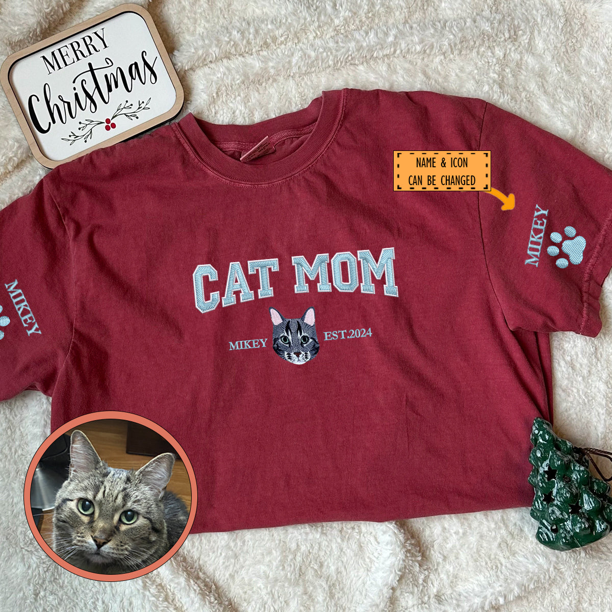 Custom Full-Color Varsity Cat Mom Embroidered T-Shirt