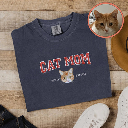 Custom Full-Color Varsity Cat Mom Embroidered T-Shirt