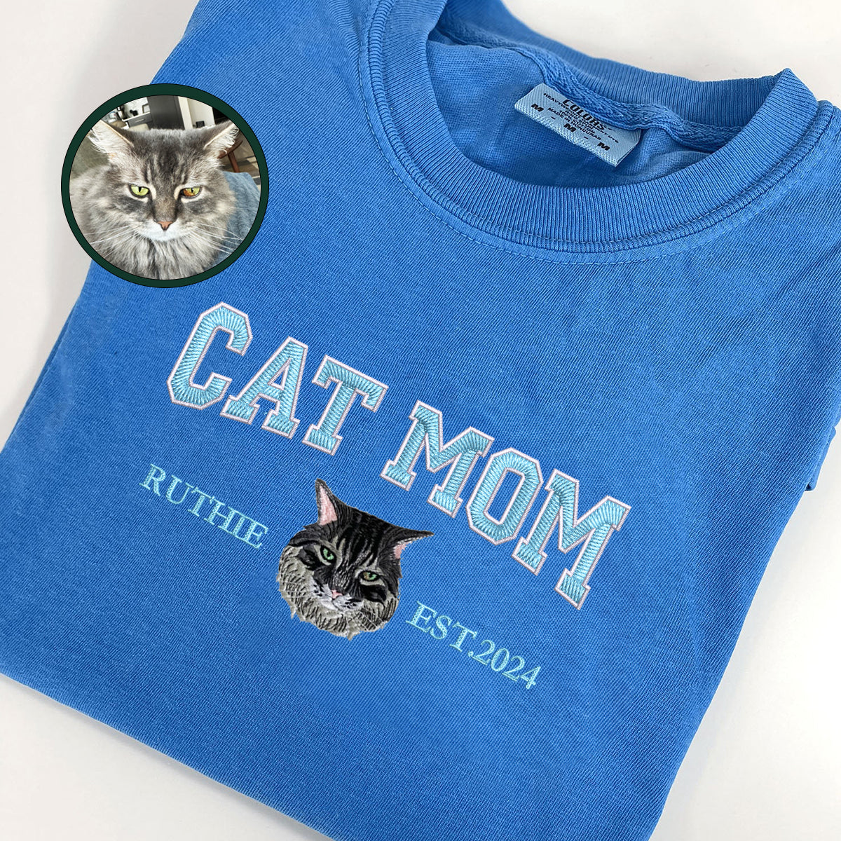 Custom Full-Color Varsity Cat Mom Embroidered T-Shirt