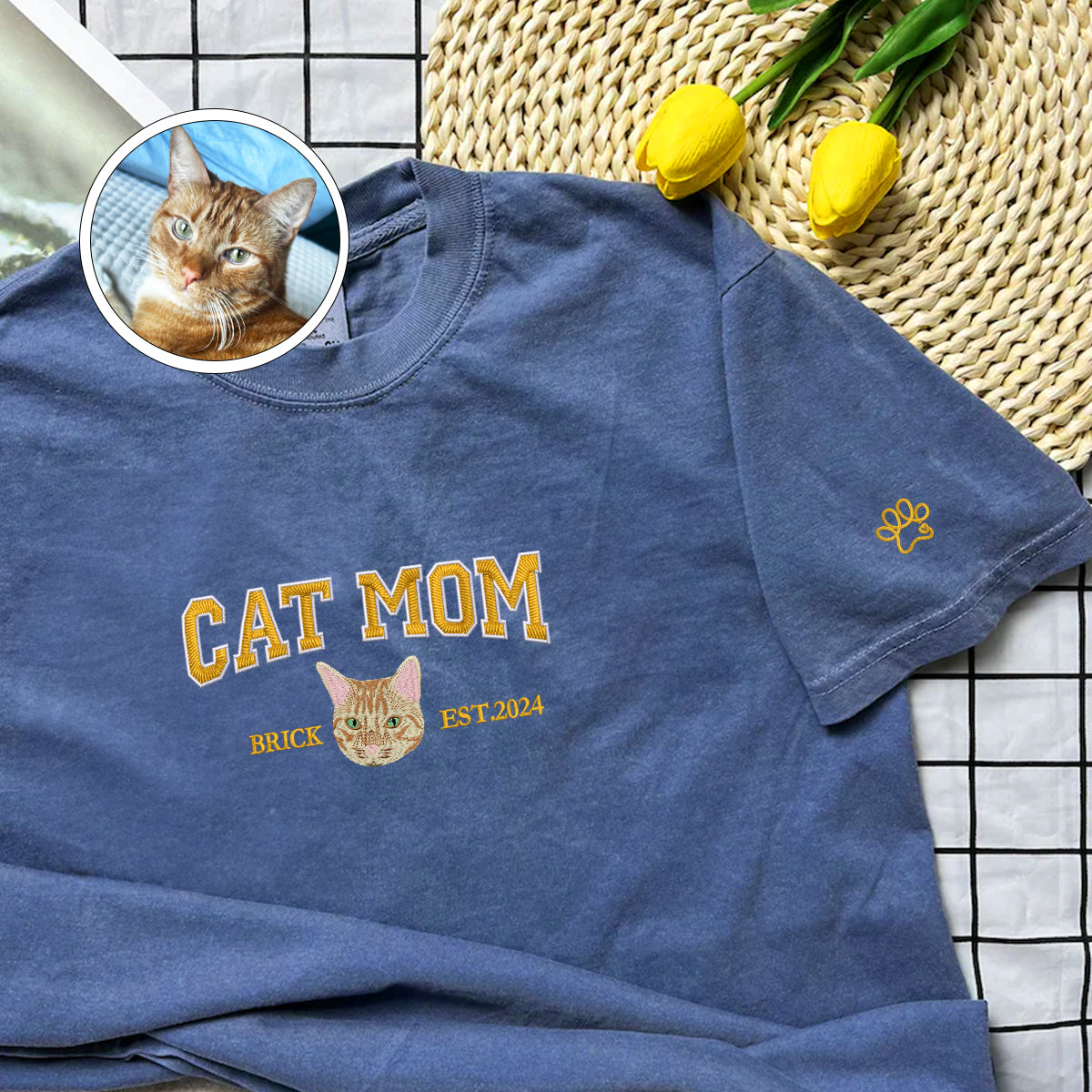 Custom Full-Color Varsity Cat Mom Embroidered T-Shirt