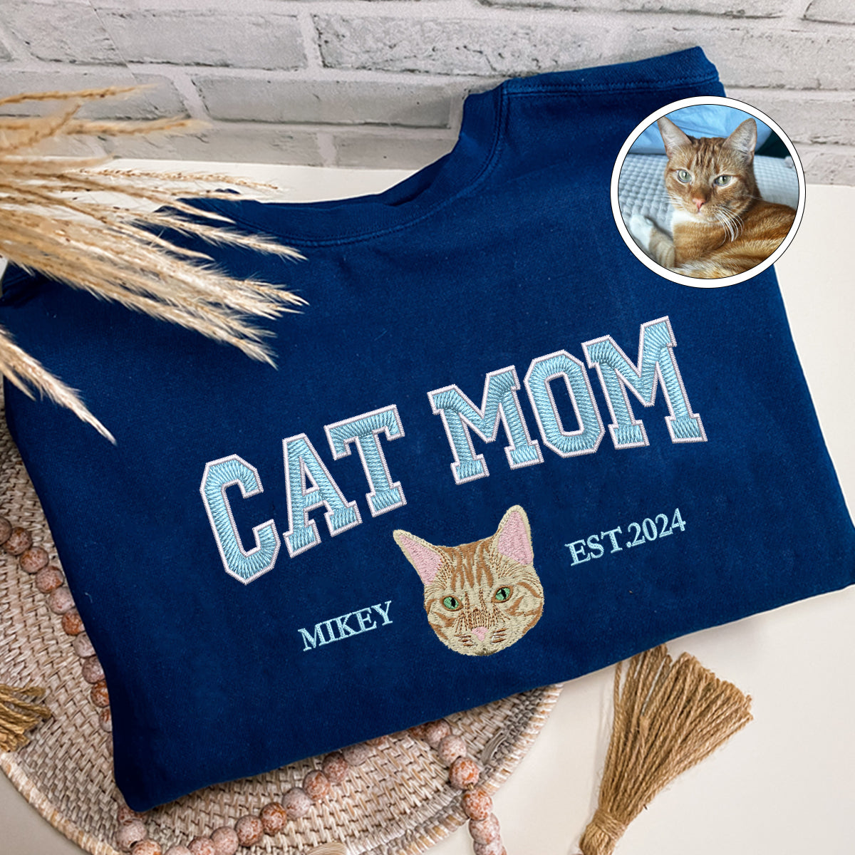 Custom Full-Color Varsity Cat Mom Embroidered T-Shirt