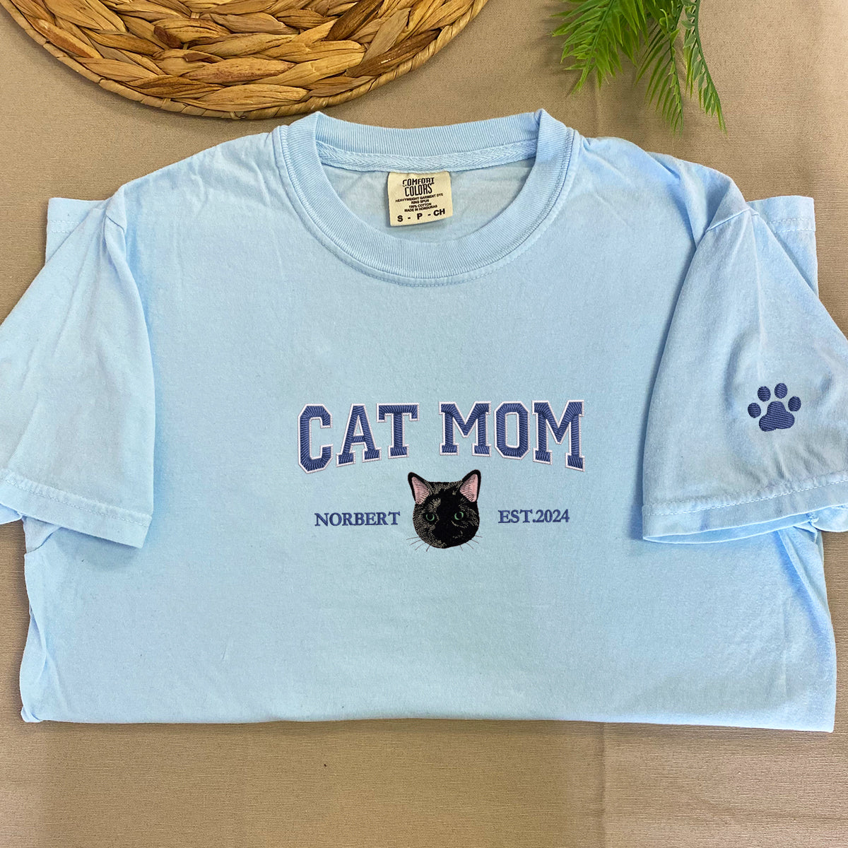 Custom Full-Color Varsity Cat Mom Embroidered T-Shirt