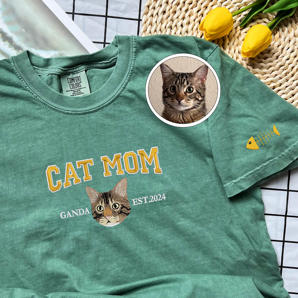 Custom Full-Color Varsity Cat Mom Embroidered T-Shirt