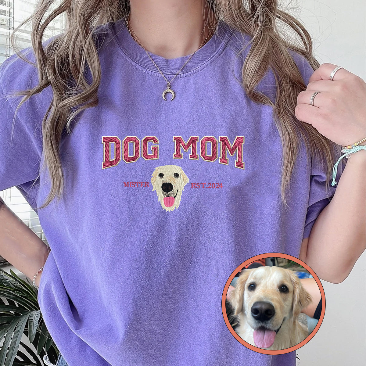 Custom Full-Color Varsity Dog Mom Embroidered T-Shirt