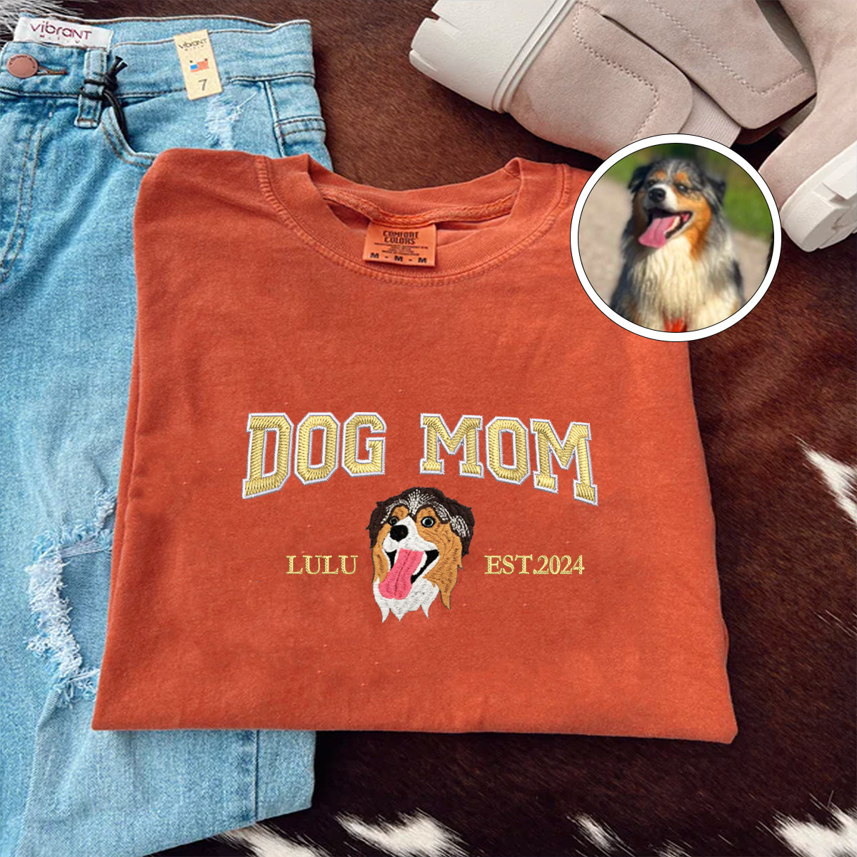 Custom Full-Color Varsity Dog Mom Embroidered T-Shirt