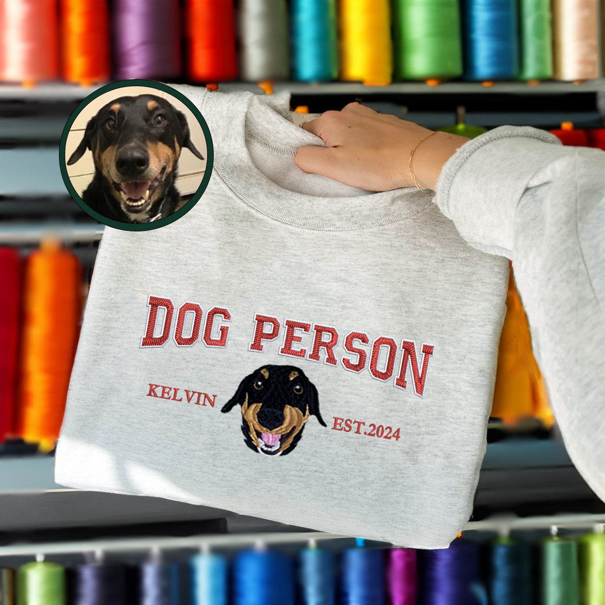 Custom Full-Color Varsity Dog Person Embroidered Sweatshirt